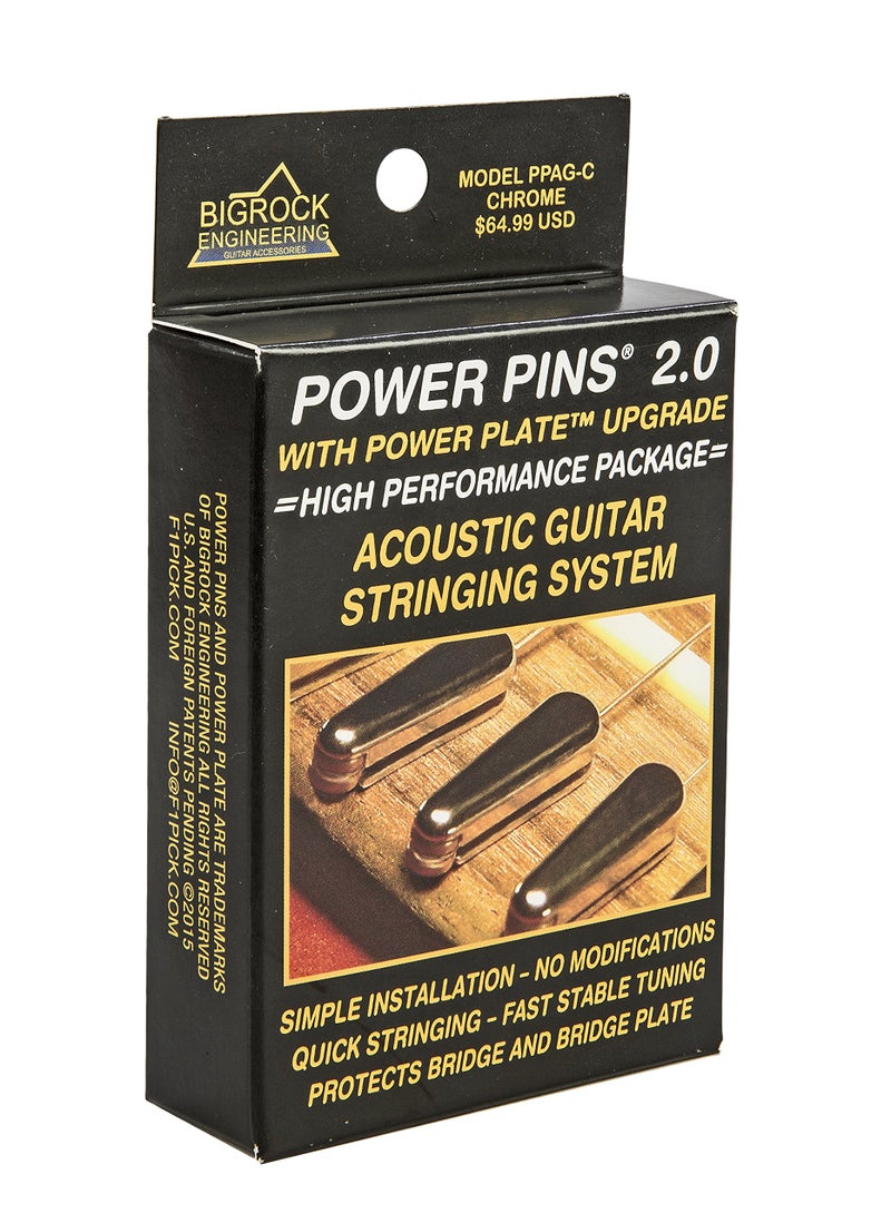 Big Rock Power Pins 2.0 - Chrome Set with Power Plate Upgrade- Patented Bridge Pin System for Acoustic Guitars- Improved Tone, Amplified Sound, Easier Restringing, and Faster Tuning - Image 1